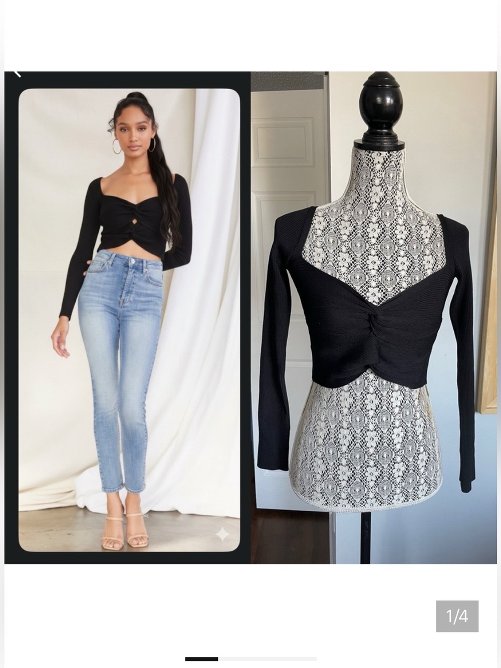 NWT Rib Knit Double Knot Front Long Sleeve Crop Top Shirt. Black. Small.